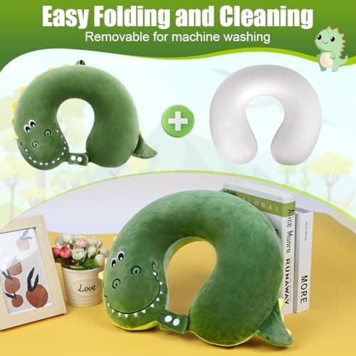 Alaoo Travel Pillow, Removable Memory Foam Kids Travel Pillow with Zips, Convenient & Portable U Shaped Neck Pillows with Cute Eye Mask for Adults Children for Home, Office, Sleeping (Green Dinosaur) — view 4