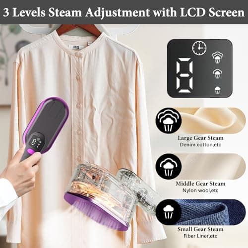 Steam Iron Travel Steamer with LCD Screen, 10S Fast Heat-up 2000W Steamer Clothing with 180° Rotatable Handle, Portable Handheld Clothes Steamer, 3 Steam Levels for Travel, Home, Office(Purple+Grey) — view 3