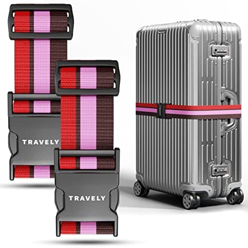 Travely® Premium Luggage Strap - Especially Eye-catching and Safe - Includes 2 Name Tags - Luggage Strap Ideal Over Cross - [Set of 2] - Colourful