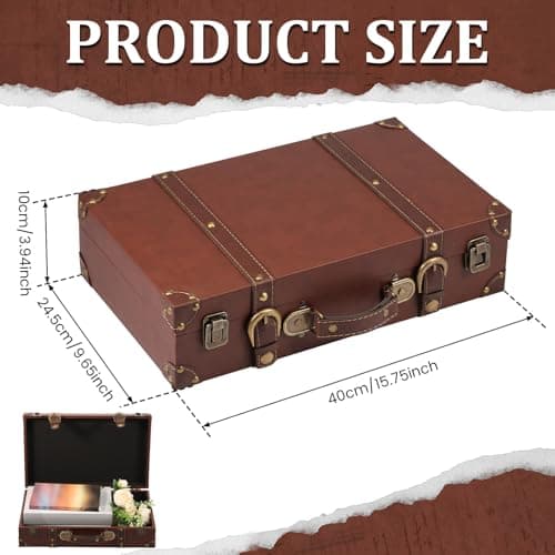 Vintage Suitcase Wood Vintage Suitcase Storage Box, Leather Trunk Luggage Decorative Retro Photography Prop Luggage, Storage Chest with Lock for Placing Clothes Toys Photo Jewelry - 40×24.5×10cm — view 2