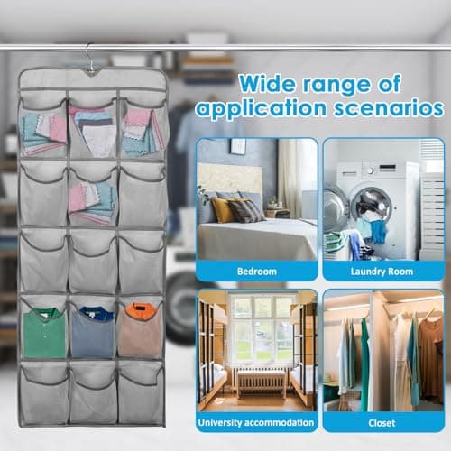 Over Door Storage Organiser, Double-Side Hanging Shoe Storage Organizer with 30 Large Pockets, Large Capacity Back of Door Storages with Rotating Hanger for Bedroom Closet Laundry Room(2pcs grey) — view 6