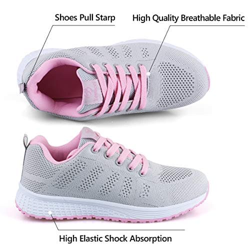 Youecci Womens Sneakers Lightweight Ladies Indoor Outdoor Cross Trainers Casual Lace Up Shoes Fitness Sport Walking Running Shoes Grey Pink 6, Manufacturer Size 39 — view 3
