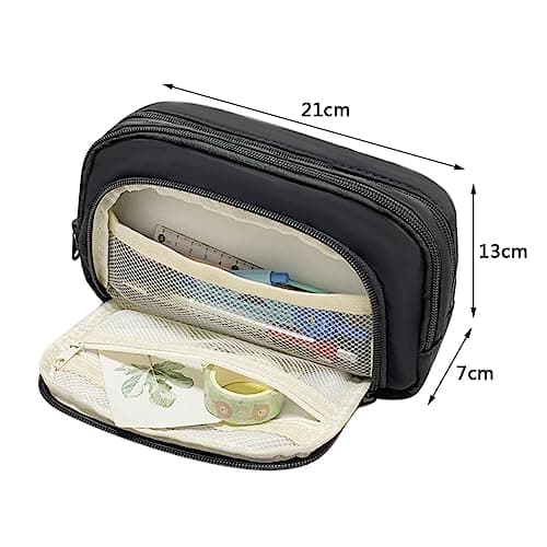 Liujiami Pencil Case Large Capacity 3 Compartments School Student Stationery Organiser for Kids Adults Office Makeup Cosmetic Bag Black — view 2