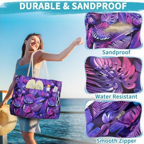RAVUO Large Beach Bag for Women, 35L Water-Resistant Sandproof Tote with Floating Lining & 8 Pockets, Lightweight Foldable Family Beach Tote for Holiday, Pool, Gym & Travel — view 4