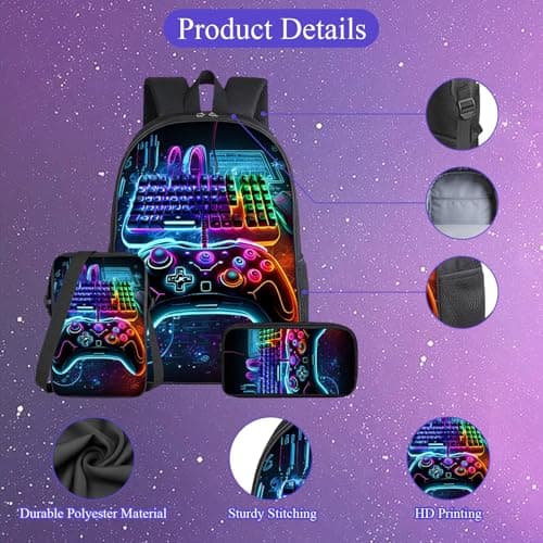 Nhemeylp 3PCS Gaming School Bag Set, Waterproof Backpack with Crossbody Bag & Pencil Case, Durable Boys Backpack for Kids Teens School Travel Camping Daily Use Gift — view 3