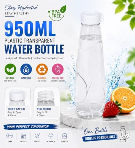 Reusable Water Bottle Set of 6 x 950ml – BPA Free Plastic Drinks Bottles, Leakproof Screw Lid, Slim Fridge Water Bottles for Gym, Sports, School, Travel, Juice & Everyday Hydration (Random) — view 2