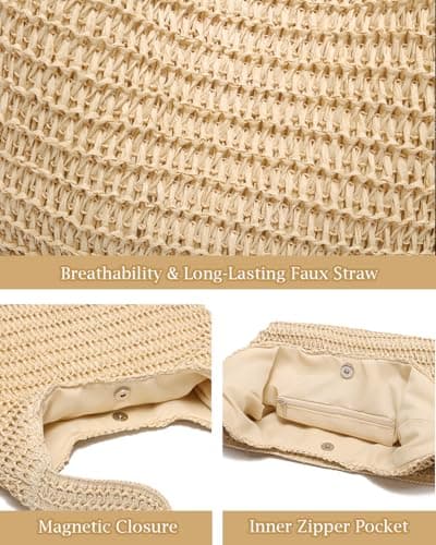 SUANNI Beige Straw Beach Bag for women, Woven Tote Hobo Bags, Lightweight Casual Boho Summer Shoulder Handbag, Packable Mesh Everyday Purse for Holiday Shopping Travel — view 5