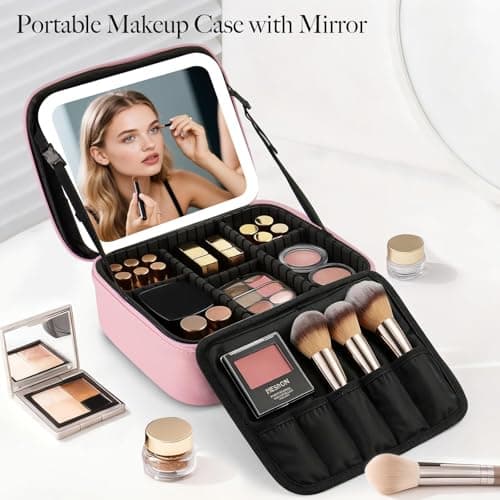 GREENSAPPIRE Travel Makeup Bag with LED Mirror Vanity Case with 3 Color Light Modes Adjustable Dividers Makeup Case for Women Travel Makeup Organiser Bag for Brushes Jewelry Toiletries (Pink) — view 2