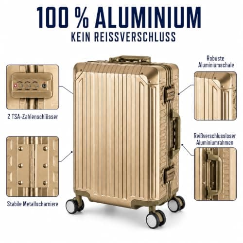Aluminium Travel Suitcase Hard Shell Suitcase Trolley Suitcase Hand Luggage Telescopic Handle TSA, 4 Wheels, gold, Großer Koffer, Suitcase — view 3