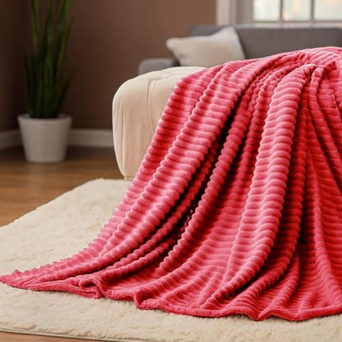 Casabella Throw Blanket - Ribbed Fleece Blanket - Soft Fluffy, Warm & Cosy Sofa Throw - Large Fleece Blanket for Sofa Bed, Couch, Bedding - King Size 200x240 - Red — view 5
