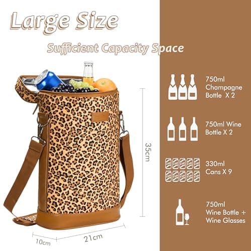 Kato Tirrinia Insulated Wine Cooler Bag Leakproof Padded Portable Wine Carrier with Shoulder Strap 2 Bottle Wine Bag for Camping Travel Beach Picnic Gift for Wine Lovers Leopard Printed — view 4