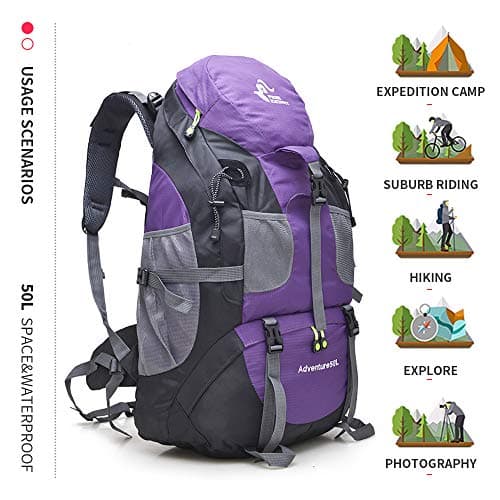 free knight 50L Waterproof Ultra Lightweight Hiking Backpack,Frameless,Outdoor Sport Daypack Travel Bag for Climbing Camping Touring Mountaineering Fishing (Purple) — view 2