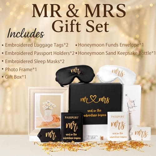 CHOIEO Mr and Mrs Honeymoon Travel Gift Set, Includes Embroidered Passport Covers, Luggage Tags, Eye Masks, Sand Keepsake Jar, Picture Frame, Honeymoon Funds Envelope — view 2