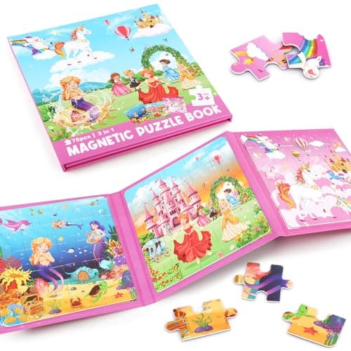 Lemicin Magnetic Puzzle Book Game - 75pcs 3 in 1 Unicorn Mermaid Princess Magnetic Puzzles Car Airplane Road Trip Activities Travel Toys for 3 4 5 6 Year Old Girls Birthday Gifts