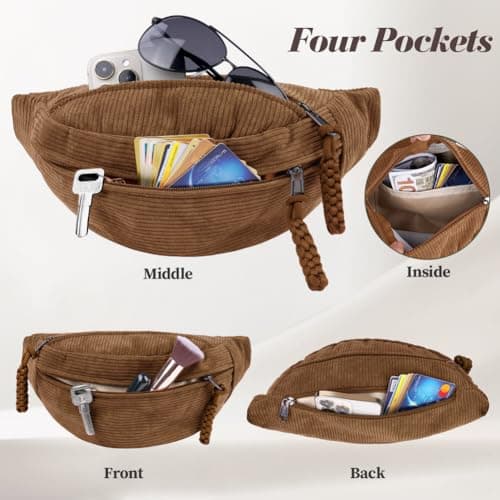 Aucuu Corduroy Waist Bag, Corduroy Bumbag, Women's Shoulder Bag, Belt Bags, Fashion Sports Chest Bags with Adjustable Shoulder Straps, Waist Pack for Daily Use, Outdoor Sports, Hiking, Travel（Brown） — view 4