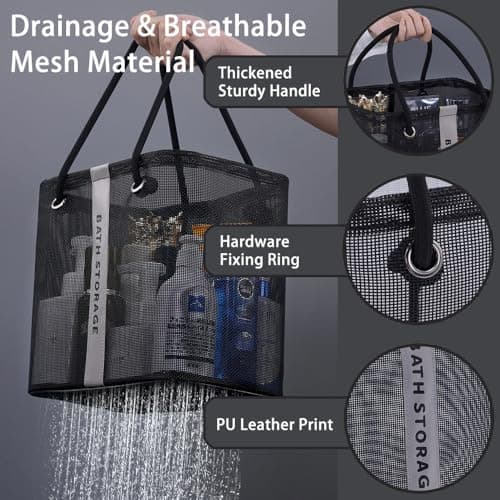 PIGIAOKA 2 Pack Mesh Shower Caddy Basket, Portable Shower Caddy Bag Cleaning Supply Storage Organizer with Handle for College Dorm Bathroom, Swimming, Gym, Beach, Travel (Black & White) — view 4