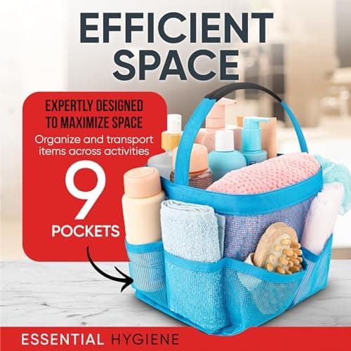Masirs Shower Caddy Mesh - 9 Pocket Portable Bathroom Organizer Tote for Travel, Gym & Dorm - Collapsible Small Shower Caddy Bag to Hold Toiletries & Essentials (Blue) — view 5