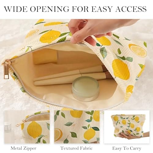 Colorful Lemon Print Corduroy Makeup Bag 10"x7" – Lightweight Zipper Cosmetic Pouch, Soft Microfiber Travel Toiletry Organizer for Women and Girls — view 3