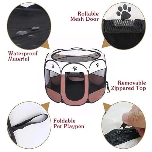 GA COMMUNICATIONS Portable Pet Playpen, Foldable Dog Cat Cage Indoor Puppy Play Pen, Breathable Mesh Pet Carrier Kennel Soft Tent For Large Dogs Travel Puppies Playpens (Grey/Beige, 91 * 91 * 58 cm) — view 6