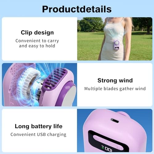 Mini Clip Fans with Ice Cooling, USB Rechargeable 5 Speed, Neck Fan, Purple — view 4