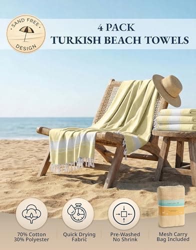 LANE LINEN Oversized Turkish Beach Towels – 4 Pack, 39"x71" Cotton Rich & Quick Dry Pool Towels, Pre-Washed, Sand-Free & Lightweight Travel Towels for Adults, Yellow — view 2