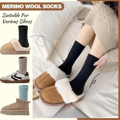 EBMORE Womens Merino Wool Socks Thermal Warm Winter Thick Cosy Boot Crew Cabin Ladies Work Soft Walking Hiking Socks 5 Pairs Gift Stocking Fillers(Khaki/Dark Green/Grey/Black) — view 3