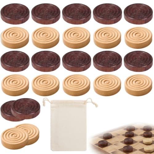24 Pcs Wooden Draughts Set with Drawstring Bag, Classic Checkers & Backgammon Replacement Pieces, Stackable Natural Wood Tokens for Kids, Adults, Travel, Camping, Family Board Game Fun