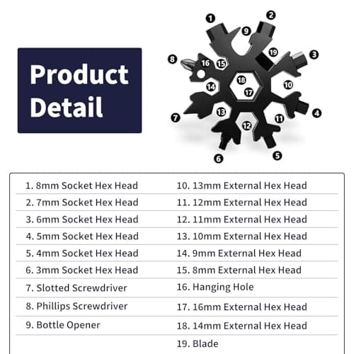 Snowflake Multi Tool, 18 in 1 Multi Tool for Men, Stainless Steel Keychain with Bottle Opener Wrenches Screwdrivers Hex Keys, Emergency for Outdoor Camping DIY,for Dad Husband Father — view 3