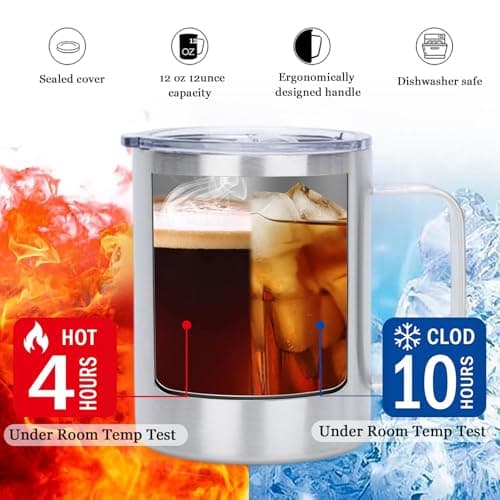 Thermal Mug, Insulated Coffee Mug with Handle and Sliding & Straw Lid, Leakproof Reusable Double Walled Vacuum Stainless Steel Travel Camping Cafe Tumbler Cup,Dishwasher Safe (Silver, 12 oz) — view 4