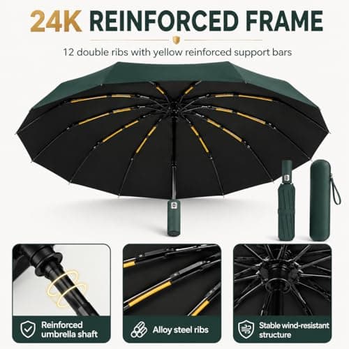 Exquisgoods 24K Sturdy Frame Windproof Umbrella Compact Automatic Travel Umbrella for Women & Men (Green) — view 2