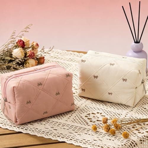 PureBowlic Chic Bow Quilted Travel Makeup Bag For Women, Spacious Polyester Cosmetic Organizer For Stylish Design, Portable Toiletry Storage Pouch,For Beauty Products And Daily Use(Red Bow) — view 2