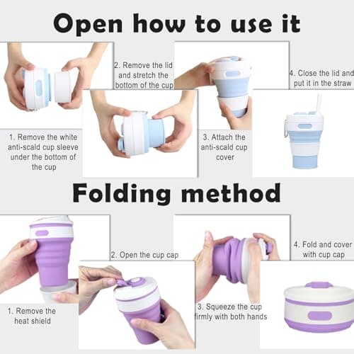 MOMAHUA 450ml/15oz Collapsible Coffee Cup with Lids,Purple Silicone Portable Water Cups,Reusable Coffee Mug,Foldable Camping Travel Cup Fits in Your Pocket,Folding Mug Collapses to 6cm — view 6
