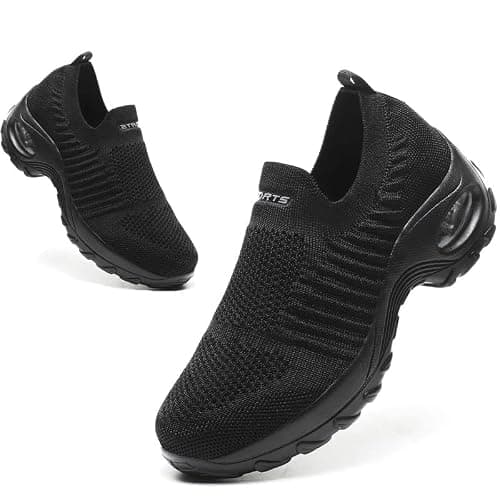 Womens Walking Shoes Slip On Trainers Arch Support Lightweight Running Shoes for Plantar Fasciitis Orthopedic Comfy Nurse Shoes Full Black UK 8