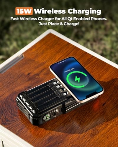 BLAVOR Solar Power Bank with Hand Crank and 4 Cables, 20000mAh Wireless Portable Charger with USB C & Camping Light, 20W Fast Charging Battery Pack for iPhone, iPad, Samsung, All Mobile Phones — view 3