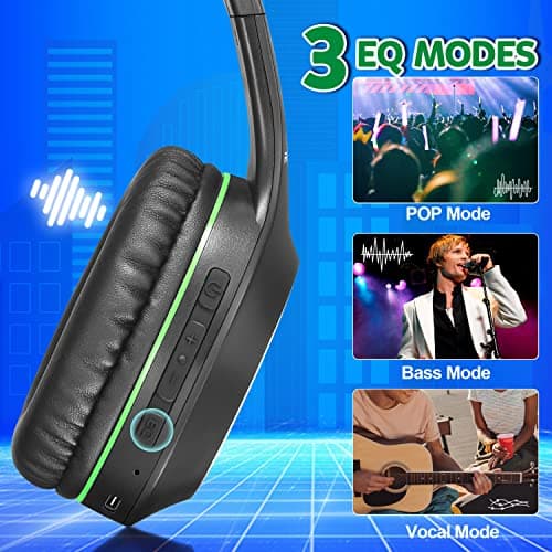 Rydohi Bluetooth Headphones Over Ear, 68H Playtime and 3 EQ Music Modes Wireless Headphones with Microphone/Deep Bass, HiFi Stereo Foldable Lightweight Headset for PC Home Travel Office (BLACK-GREEN) — view 3