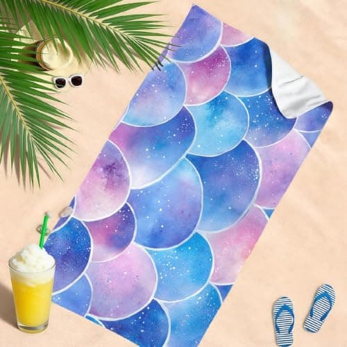 Beach Towel Microfibre Towel 140 x 70 cm Watercolor Mermaid Scales Beach Towel for Travel Purple Printed Swimming Camping Holiday Quick Dry Sand Free Towels — view 5