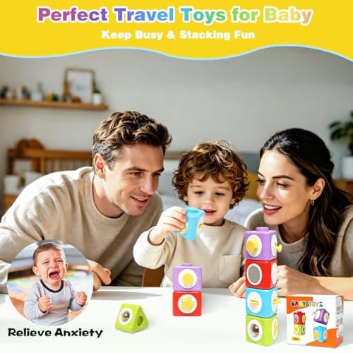 JoyLife Travel Toys for 1+ Year Old, Montessori Stacking Toys 12-in-1 Activity Cubes for Toddlers, Sensory Stacking Blocks for Plane & Car, First Birthday Gifts for Boys Girls — view 6