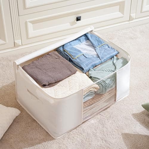 TYEERS Large Storage Bags with Zip and Clear Window, Cotton Blended Fabric Storage Containers for Seasonal Clothes and Bedding, 60x40x35 cm, 2-Pack, Beige — view 3