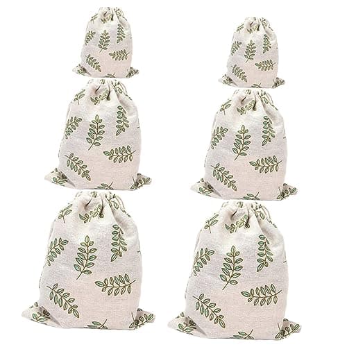 WEKADRIN 6Pcs Printed Cotton Linen Drawstring Pouches Storage Bags for Travel Clothes Underwear Organization Small Medium Large Lightweight Packing Sacks for Home Dorm Party
