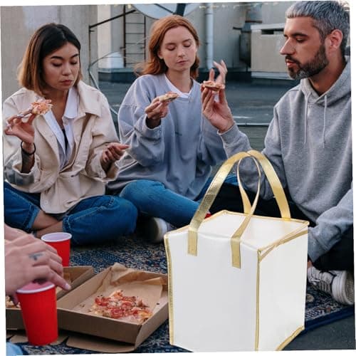 RUNROTOO Insulated Cake Packing Bag 10-inch Heightened White with Gold Trim Thermal Food Storage Bag Portable Handheld Pizza Package and Fresh Food Cooler for Home and Travel — view 6