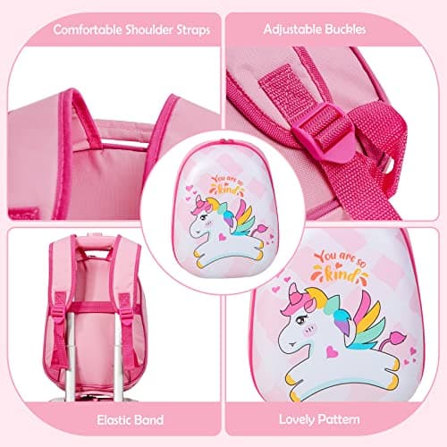 Maxmass 2PCS Kids Luggage Set, Hard Shell Children Trolley Case with 4 Universal Wheels, Girls Boys Suitcase and Backpack Set for Travel (Pink Unicorn, 12"+16") — view 3