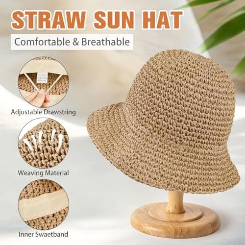 AYPOW Womens Sun Straw Hat Foldable Bucket Hats Summer UV Protection Beach Hat Comfortable Ladies Breathable Sun Visor for Outdoor Travel Camping Khaki — view 2