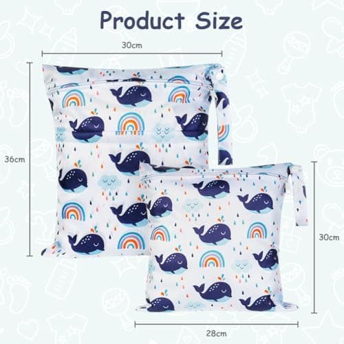 Vicloon Wet Bag, 2 PCS Baby Cloth Nappy Wet Bags, Nappy Bags with Double Zipper Pockets, Waterproof Reusable Washable Cloth Diaper Bags for Babies Swimming Camping Travel Gym Beach - Whale — view 2