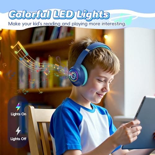 Kids Headphones Wireless with LED Lights 85H Playtime for Toddler Boy, Navy — view 3