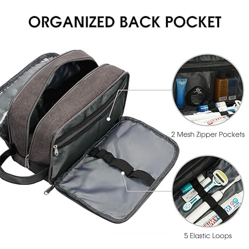 WANDF Toiletry Bag for Men, Travel Wash Bag with Handle, Water-Resistant Canvas Shaving Organiser, SBS Metal Zipper Dopp Kit for Makeup Bathroom Gym (Dark Grey) — view 4