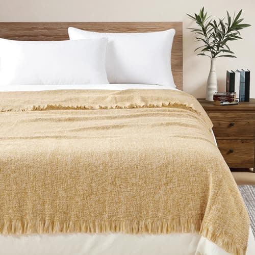 BOURINA Faux Cashmere Fringe Throw Blanket 127x178cm Yellow — view 3