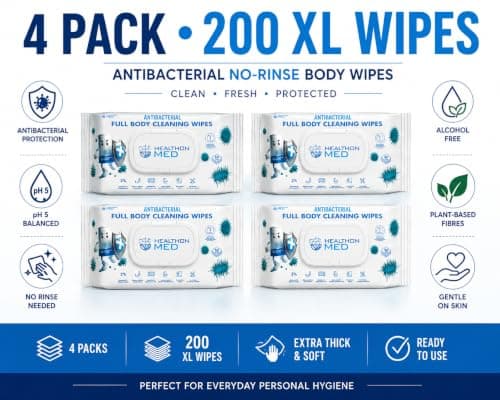 HEALTHON MED 4 Pack Antibacterial Body Wipes (200 XL Wipes) Alcohol Free No Rinse Full Body Cleansing Wipes for Adults – Ideal for Elderly, Bed Bath, Travel, Camping & Personal Hygiene — view 2