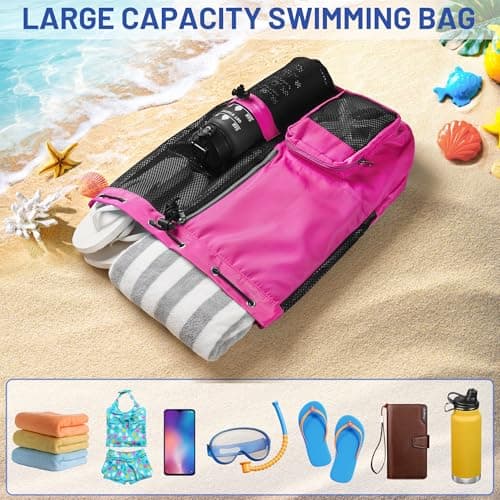 CHEPULA Swim Bag Mesh Drawstring Backpack with Wet Pocket, Waterproof Gym Bags for Beach Swimming Pool Gym Workout Men Women (Rose red) — view 5