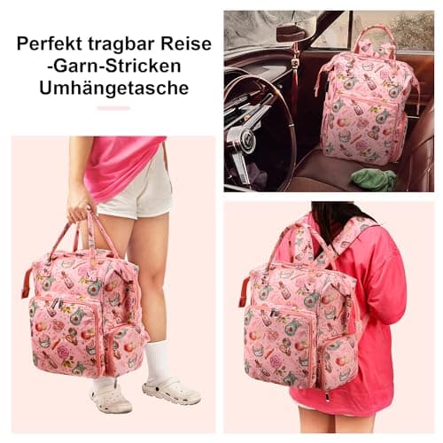 JOZEA Knitting Bag Backpack with USB Charging Port, Large Craft Organiser Bag for Knitting Accessories, Wool Storage for Crochet Projects, 2-Way Travel Bags and Totes(Pink World) — view 6
