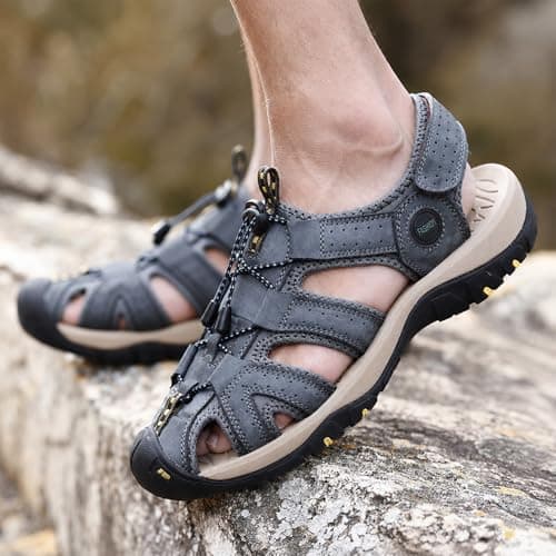 Hixingo Men's Sandals Closed Toe Wide Fit Size 5-13 UK, Leather Sandals for Men Summer Beach Slippers with Adjustable Drawstring Lightweight Non-Slip Sole for Walking Holiday (Blue,8) — view 2